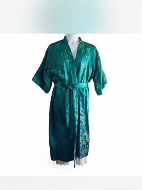 Luxurious Double Peach teal kimono style robe with gold brocade embroidery L-XL